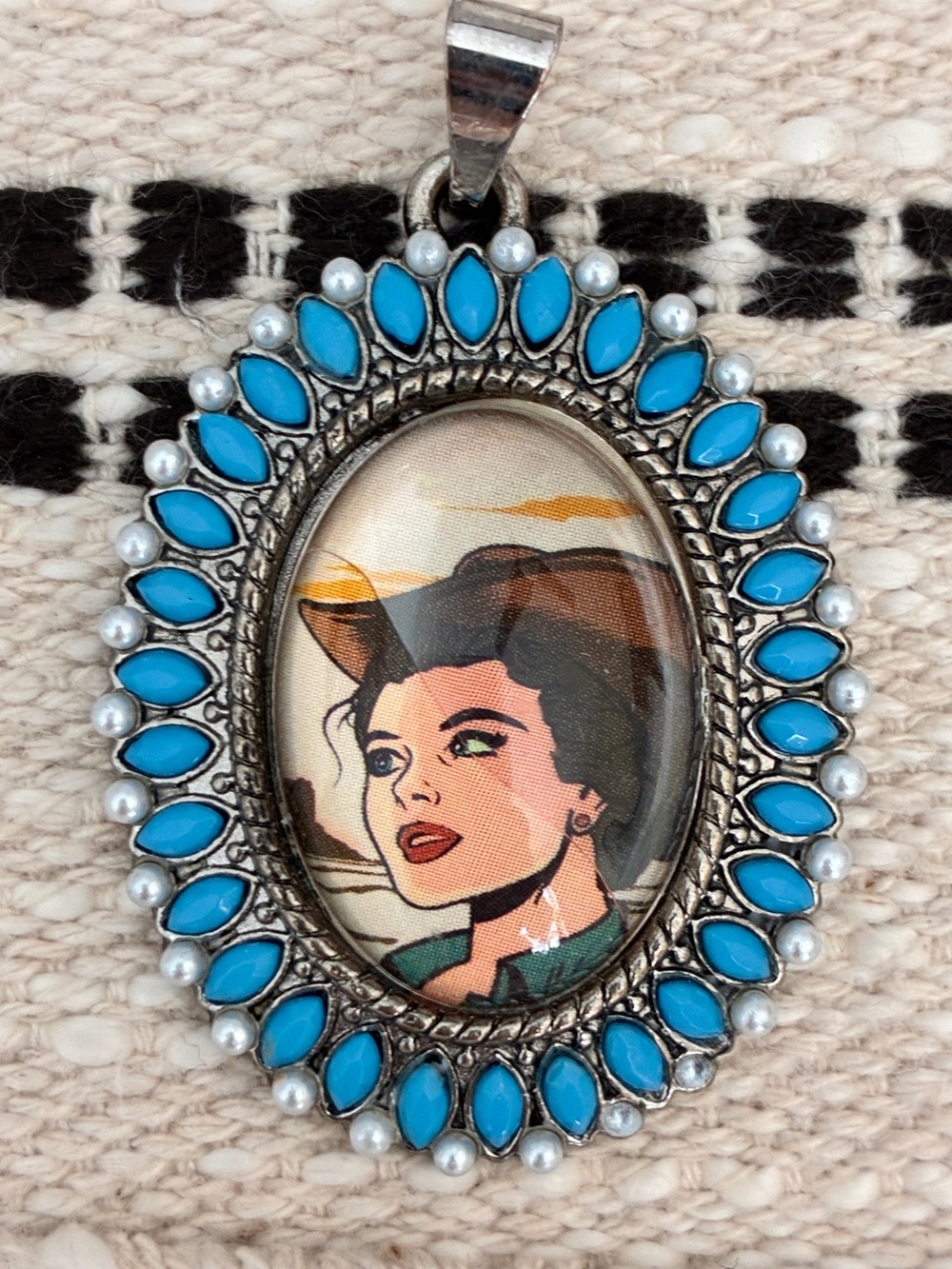 Fabulous Large Cowgirl Pop Art Pendant, Faux Turquoise & Pearls, Like New!